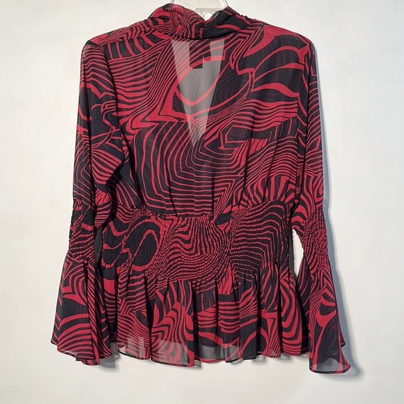 BISOU BISOU Red/Black Swirl Print Smock Waist/Cuff Bell SLV Sheer Party Top XL - Picture 2 of 14